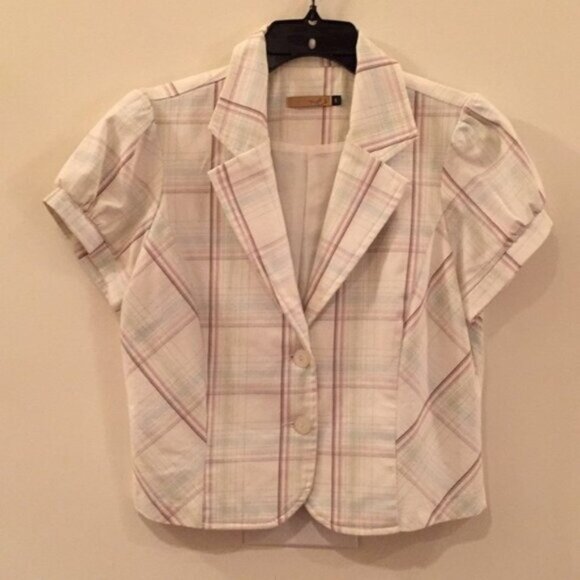 💗🧷 Vintage Final Touch Women’s Pastel Pink & White Plaid Short Sleeve Blazer - Picture 1 of 8